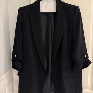 Zara Black Open-Front Blazer with 3/4 Roll-Tab Sleeves